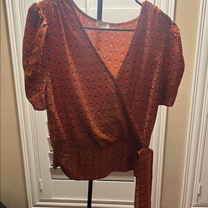 JCPenney Terracotta Wrap Blouse with Geometric Design